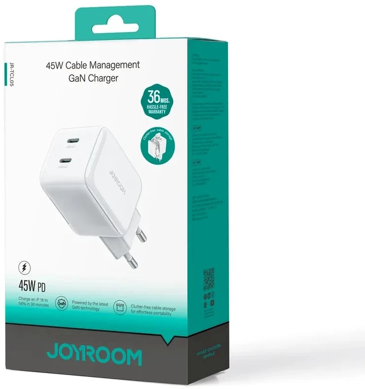 Joyroom JR-TCL05 45W GaN sieninis įkroviklis su laidų tvarkytuvu – baltos spalvos