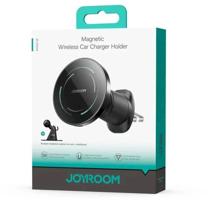 Joyroom JR-ZS502 MagSafe Compatible automobilinis laikiklis with Wireless Charger skirtas Air Vent/Dashboard – juodos spalvos