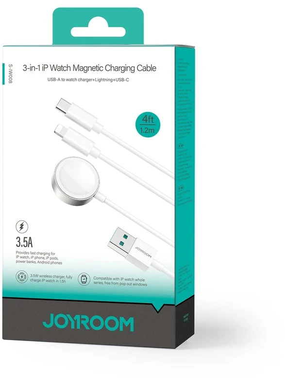 Apple Watch magnetinis įkroviklis Joyroom S-IW008 Lightning + USB-C 5 V 1.2 m (baltas)