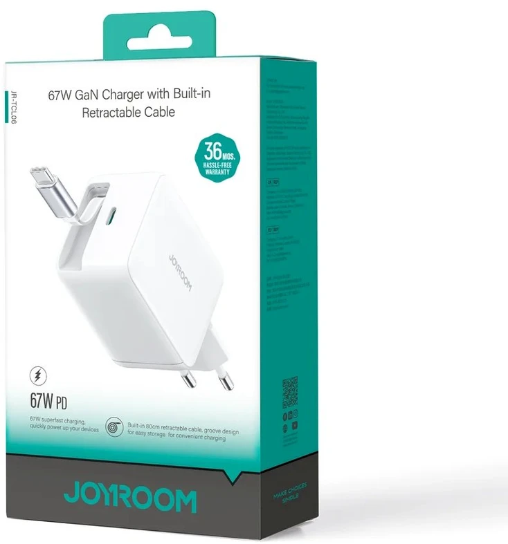 Joyroom JR-TCL06 67W GaN laidinis įkroviklis su Built-in Retractable USB-C kabeliu – baltos spalvos