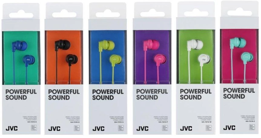 JVC HA-FX10 ausinių spalvų paletė pakuotėse
