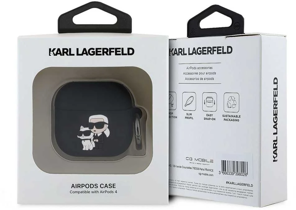 Karl Lagerfeld 3D Logo NFT Karl and Choupette silikoninis dėklas skirtas AirPods 4 juodos spalvos