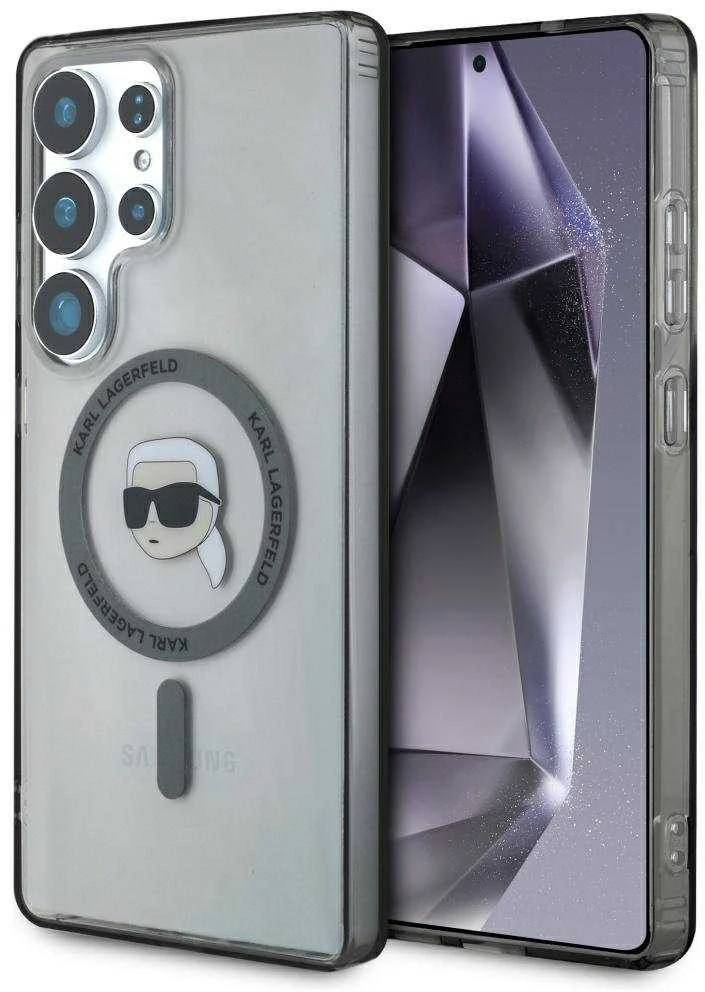 Dėklas Karl Lagerfeld Button Karl Head Printed Logo MagSafe Samsung Galaxy S25 Ultra juodos spalvos