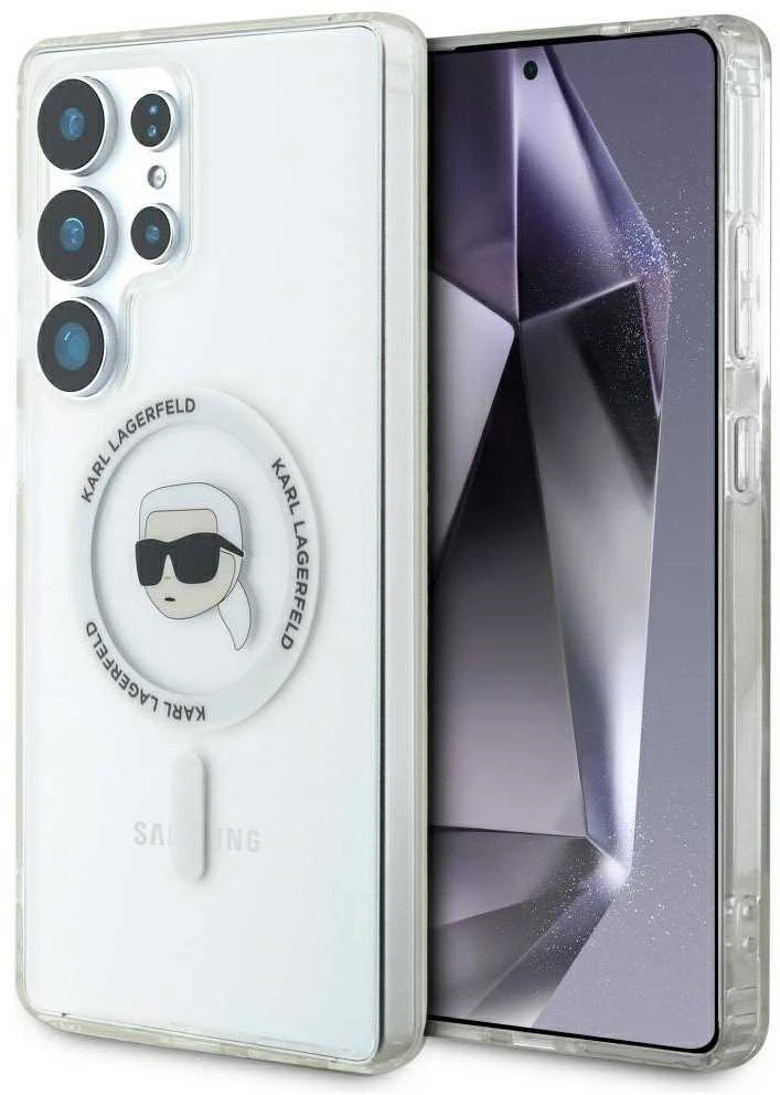 Dėklas Karl Lagerfeld Button Karl Head Printed Logo MagSafe Samsung Galaxy S25 Ultra baltos spalvos