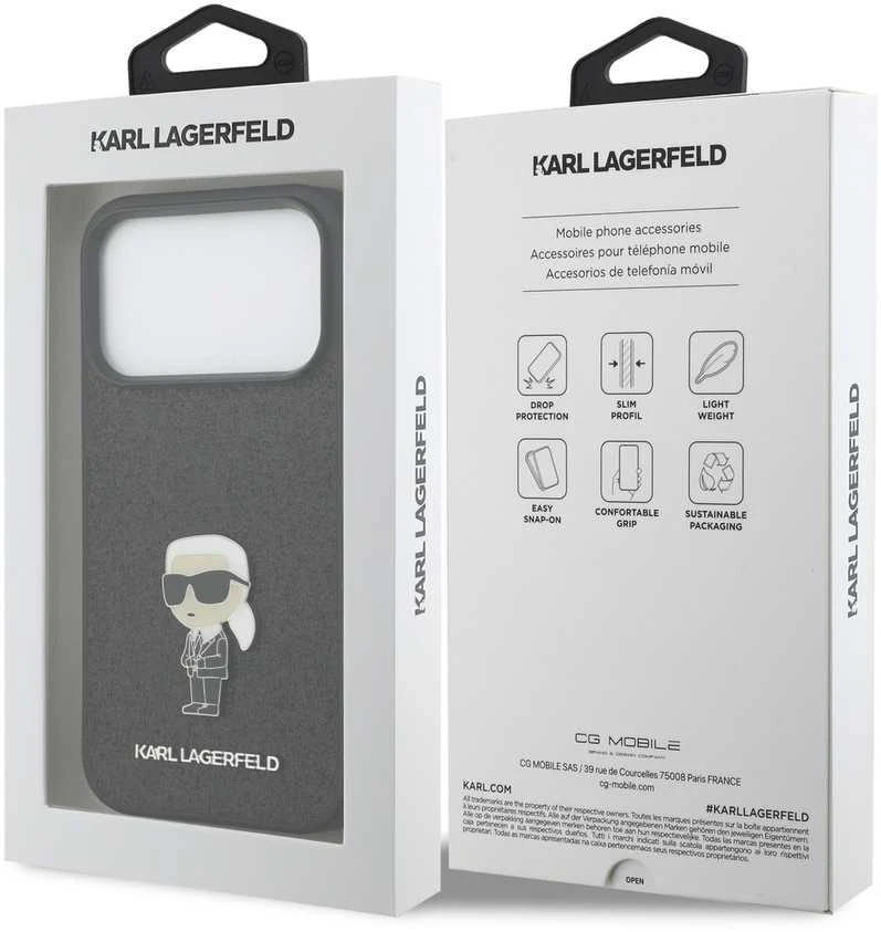 Karl Lagerfeld Fixed Glitter Metal Ikonik dėklas skirtas Apple iPhone 17 Pro juodos spalvos
