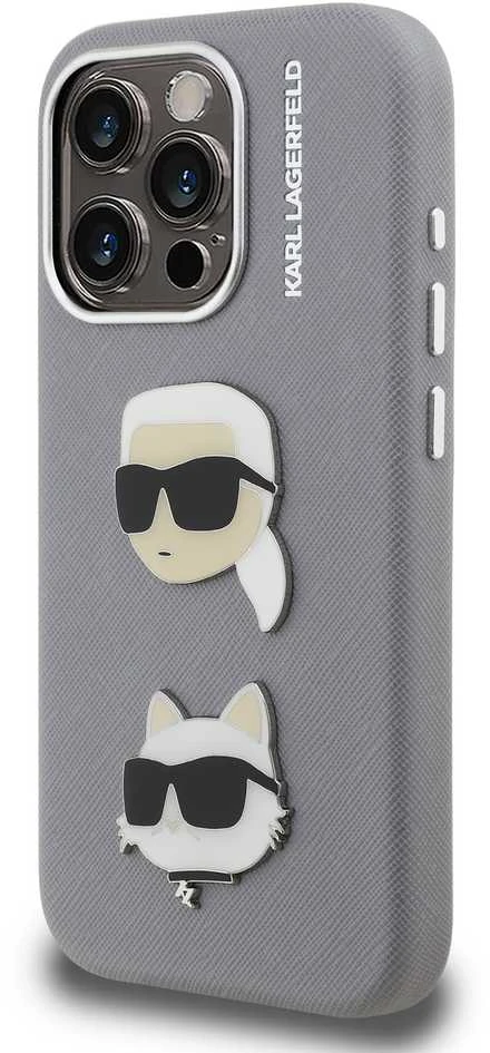 Karl Lagerfeld Grained PU K&CH Heads dėklas skirtas Apple iPhone 15 Pro Max pilkos spalvos