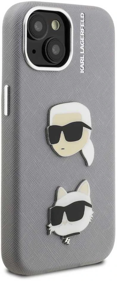 Karl Lagerfeld Grained PU K&CH Heads dėklas skirtas Apple iPhone 15 pilkos spalvos
