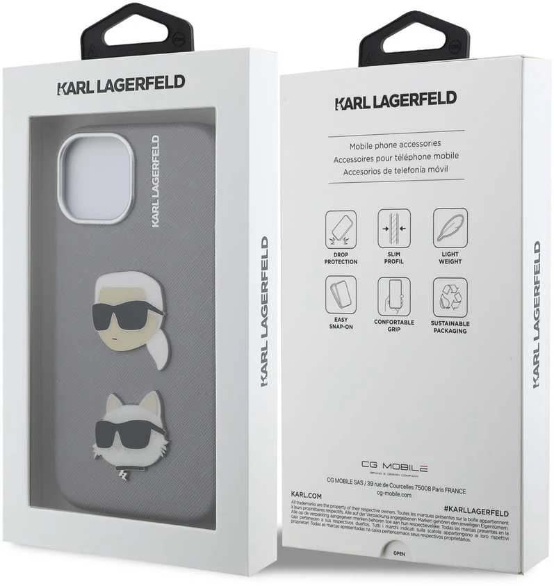 Karl Lagerfeld Grained PU K&CH Heads dėklas skirtas Apple iPhone 15 pilkos spalvos