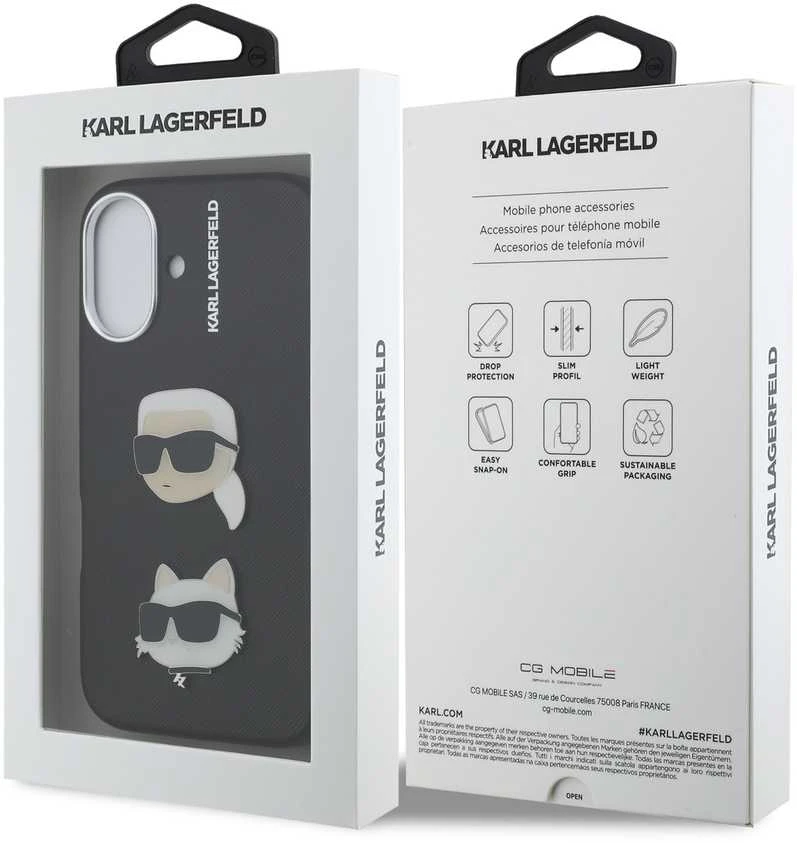 Karl Lagerfeld Grained PU K&CH Heads dėklas skirtas Apple iPhone 16 juodos spalvos