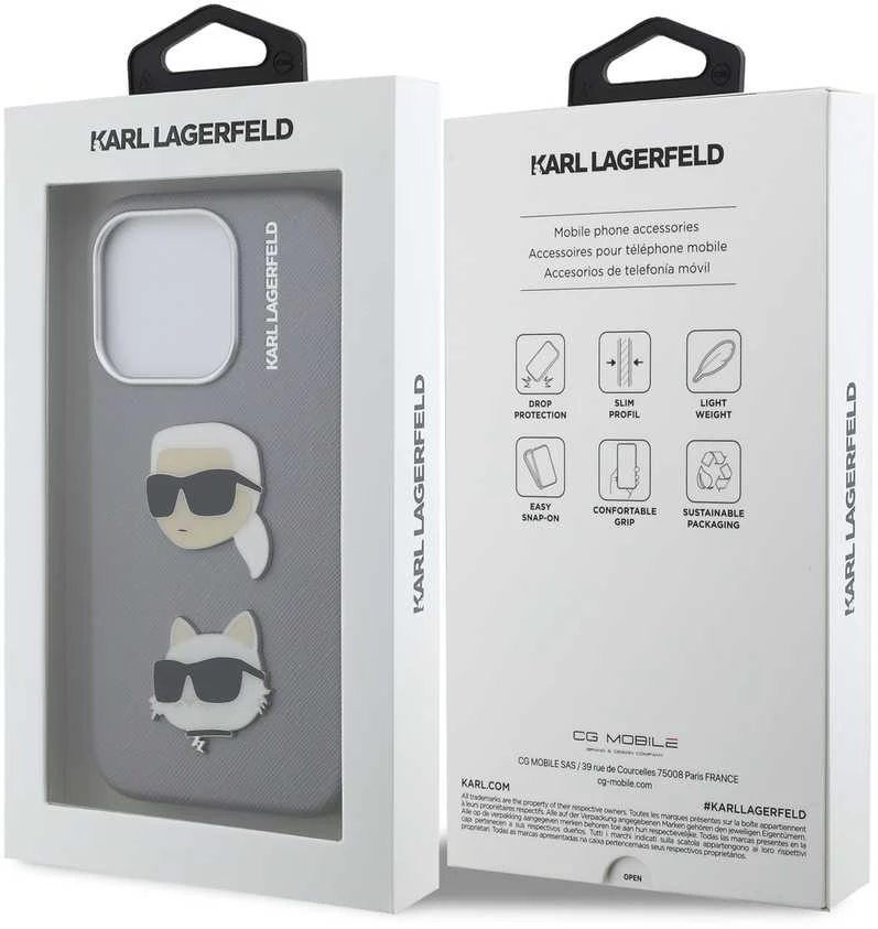 Karl Lagerfeld Grained PU K&CH Heads dėklas skirtas Apple iPhone 15 Pro Max pilkos spalvos