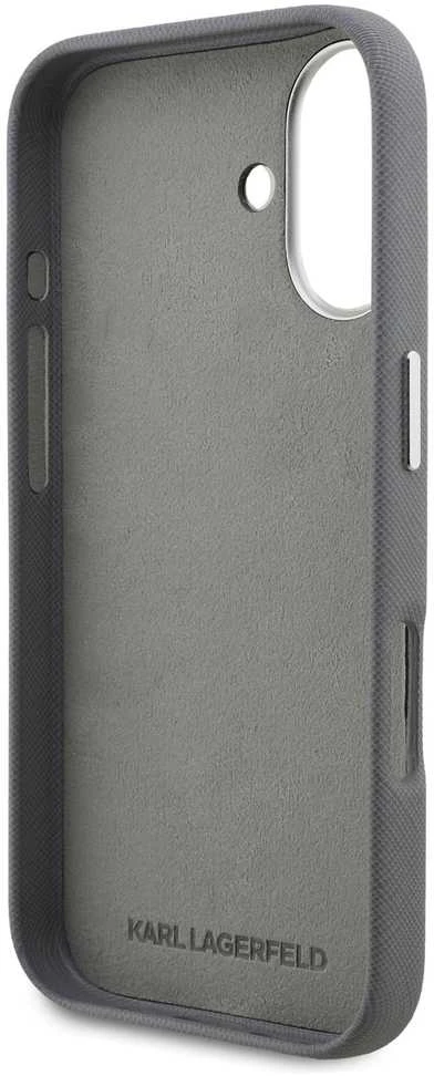 Karl Lagerfeld Grained PU K&CH Heads dėklas skirtas Apple iPhone 16 pilkos spalvos