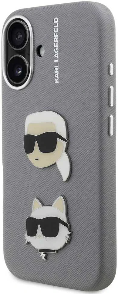 Karl Lagerfeld Grained PU K&CH Heads dėklas skirtas Apple iPhone 16 pilkos spalvos
