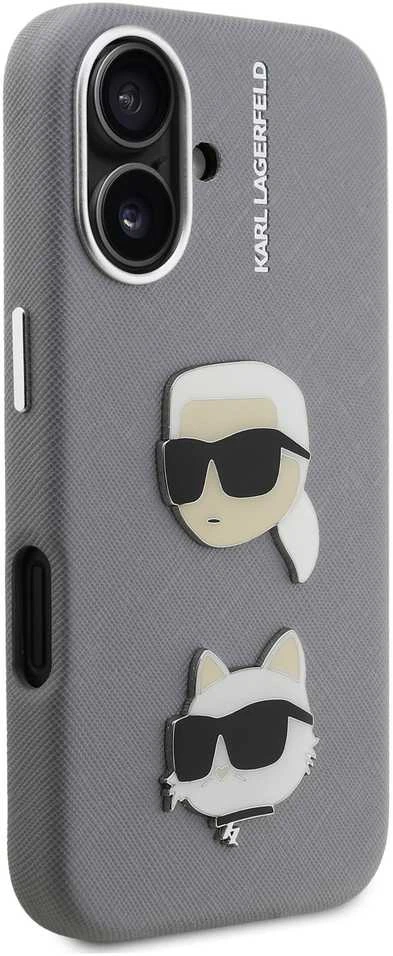 Karl Lagerfeld Grained PU K&CH Heads dėklas skirtas Apple iPhone 16 pilkos spalvos