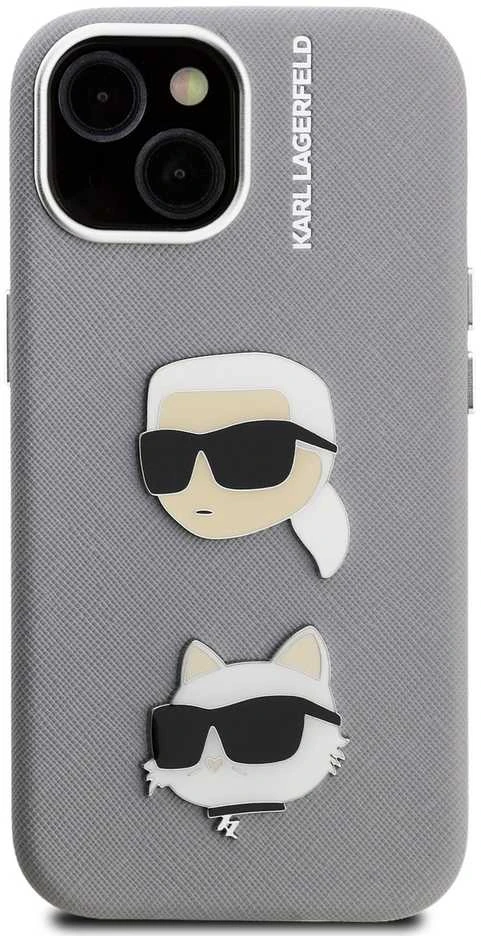 Karl Lagerfeld Grained PU K&CH Heads dėklas skirtas Apple iPhone 15 pilkos spalvos