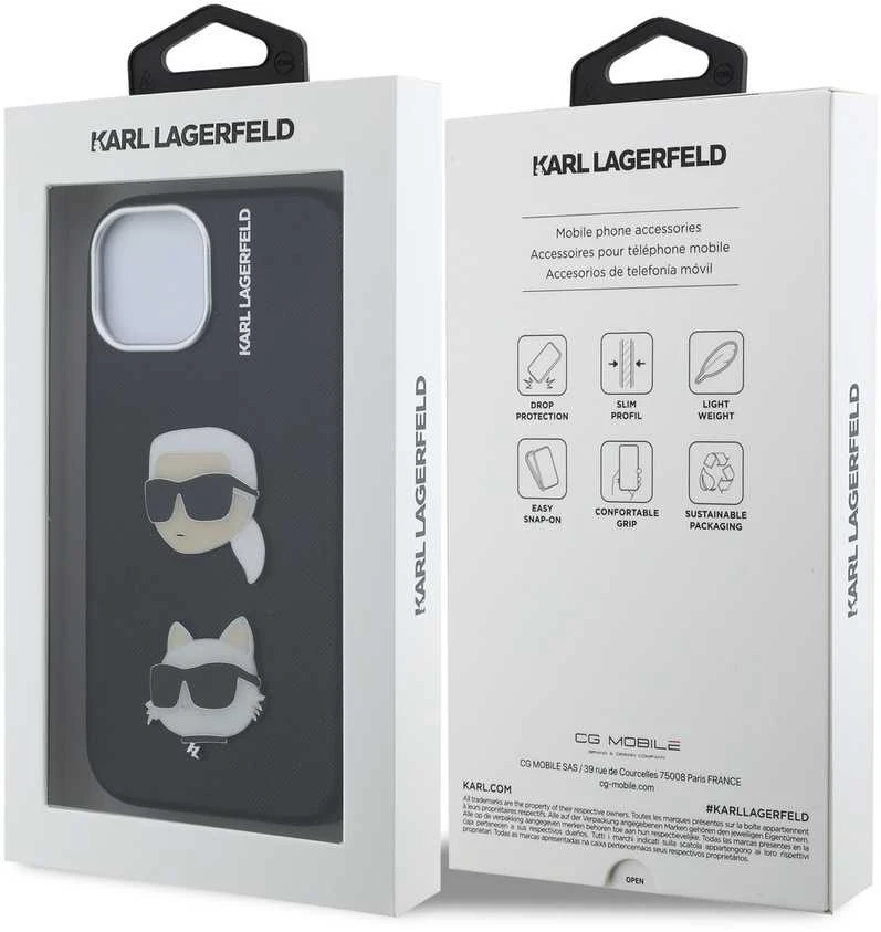 Karl Lagerfeld Grained PU K&CH Heads dėklas skirtas Apple iPhone 15 juodos spalvos