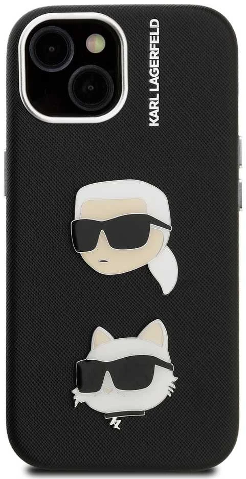Karl Lagerfeld Grained PU K&CH Heads dėklas skirtas Apple iPhone 15 juodos spalvos