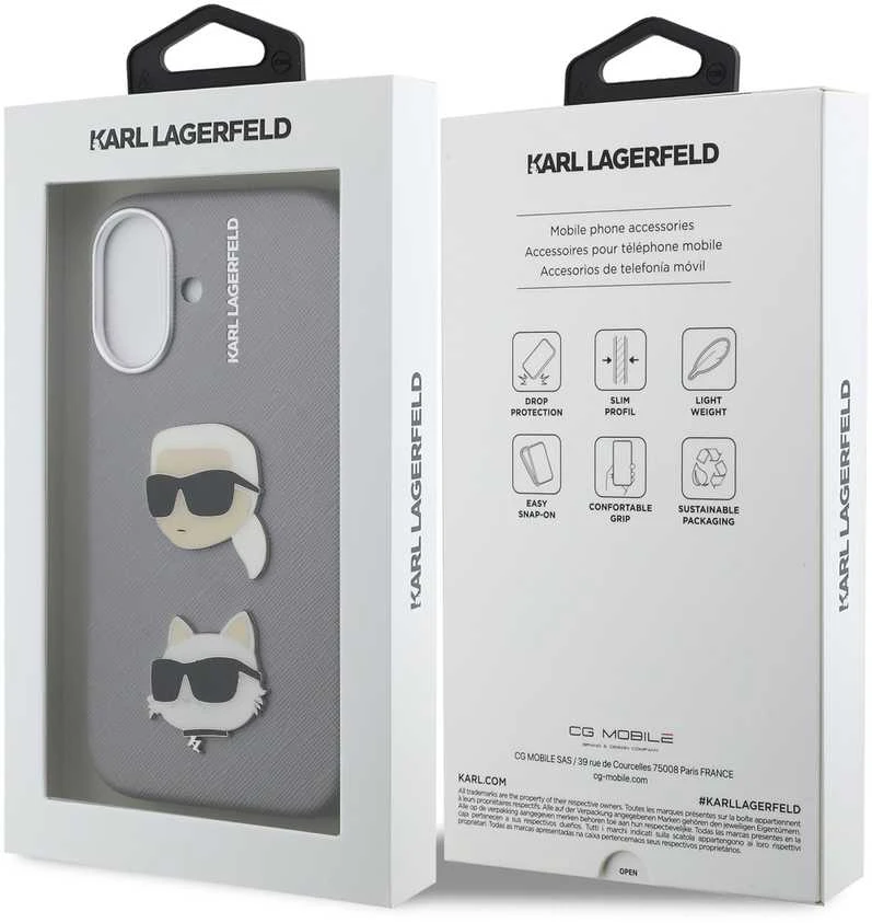 Karl Lagerfeld Grained PU K&CH Heads dėklas skirtas Apple iPhone 16 pilkos spalvos