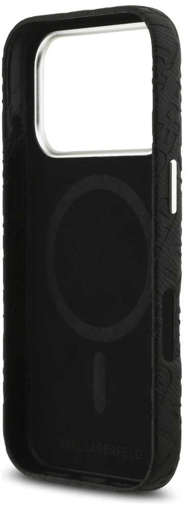 Karl Lagerfeld Grained PU Repeated Logo MagSafe dėklas skirtas Apple iPhone 17 Pro juodos spalvos