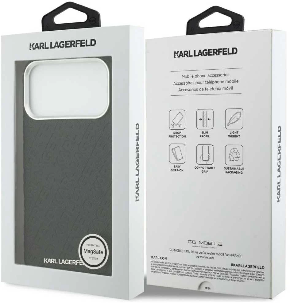 Karl Lagerfeld Grained PU Repeated Logo MagSafe dėklas skirtas Apple iPhone 17 Pro Max juodos spalvos