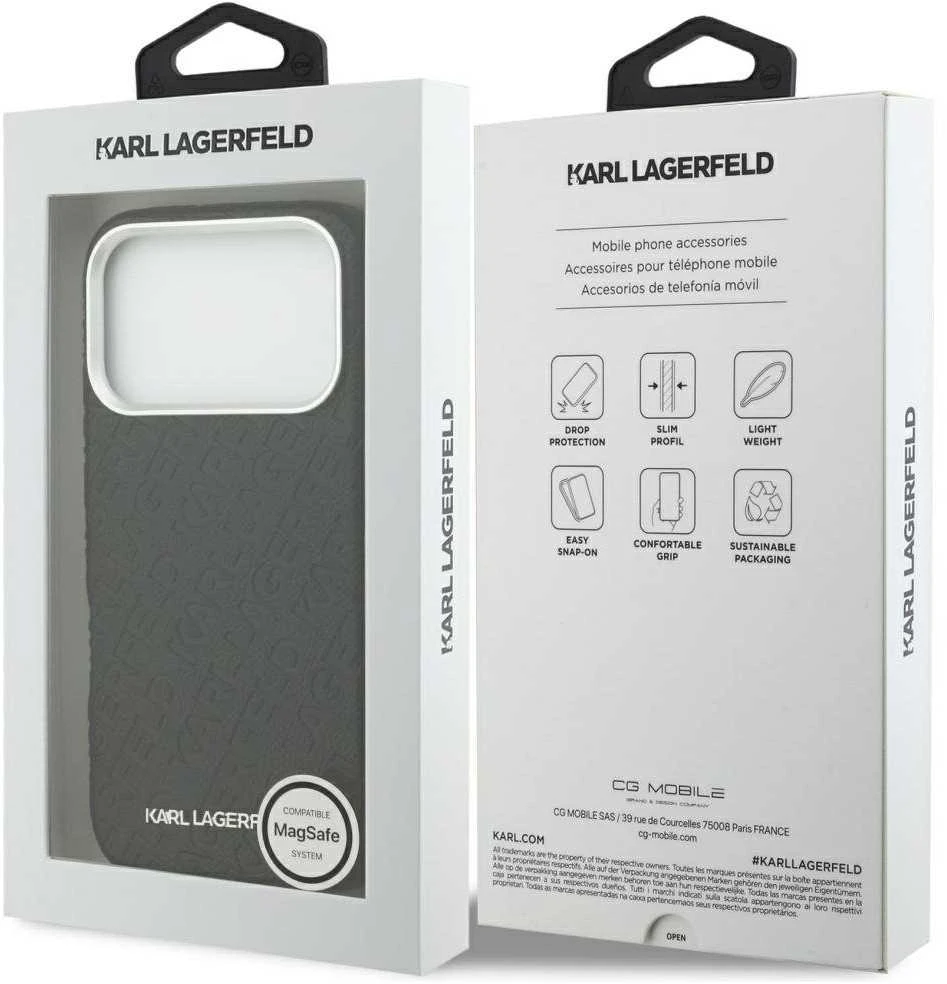 Karl Lagerfeld Grained PU Repeated Logo MagSafe dėklas skirtas Apple iPhone 17 Pro juodos spalvos