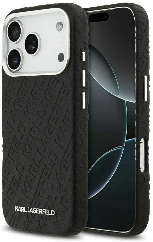 Karl Lagerfeld Grained PU Repeated Logo MagSafe dėklas skirtas Apple iPhone 17 Pro juodos spalvos