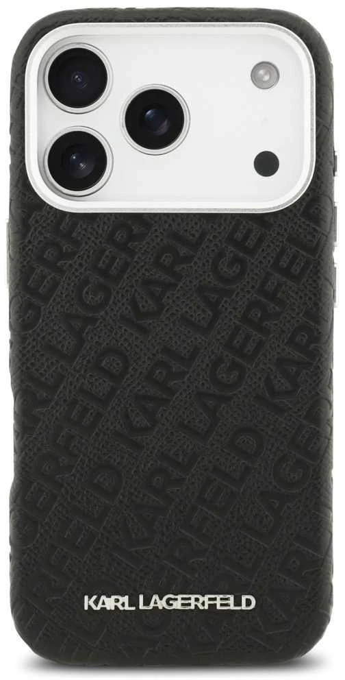 Karl Lagerfeld Grained PU Repeated Logo MagSafe dėklas skirtas Apple iPhone 17 Pro juodos spalvos