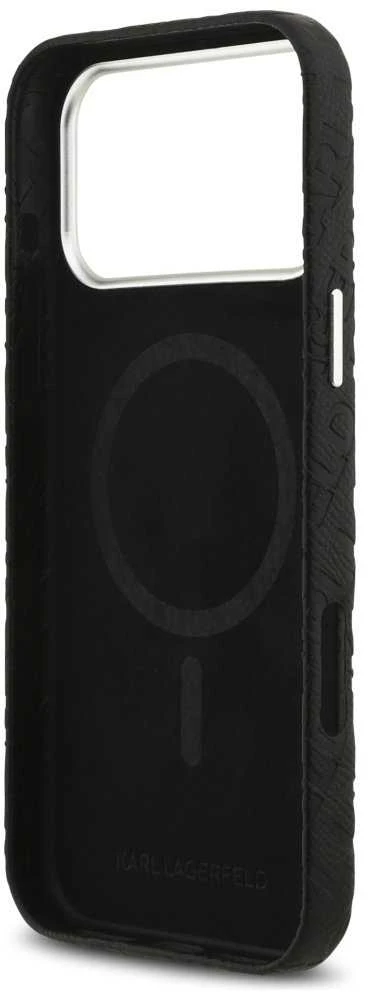 Karl Lagerfeld Grained PU Repeated Logo MagSafe dėklas skirtas Apple iPhone 17 Pro Max juodos spalvos
