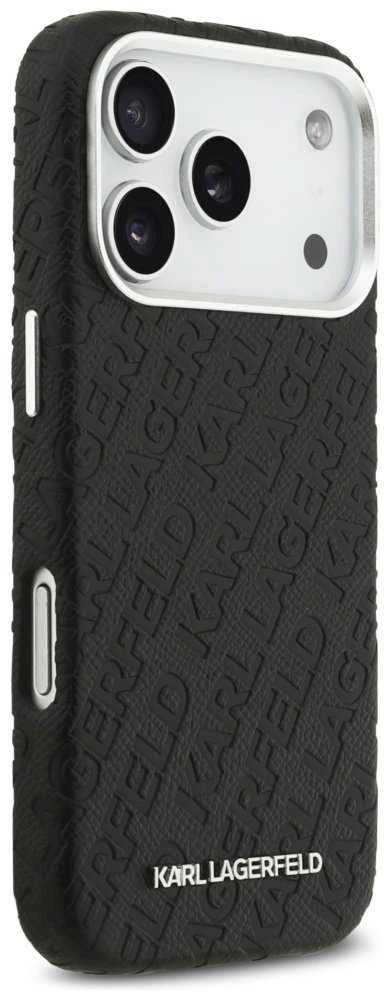 Karl Lagerfeld Grained PU Repeated Logo MagSafe dėklas skirtas Apple iPhone 17 Pro juodos spalvos