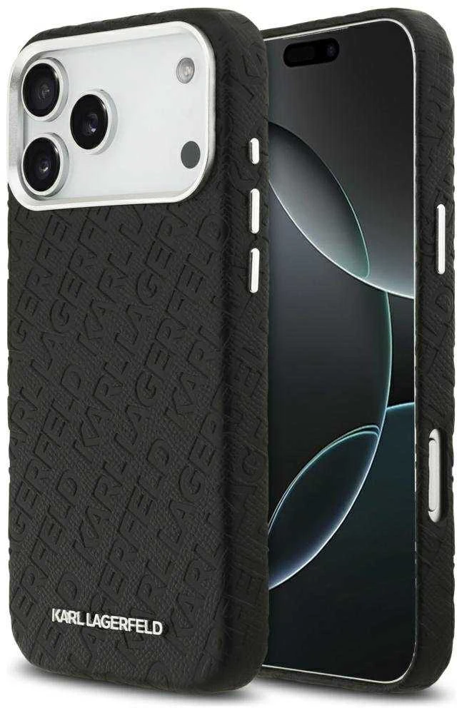 Karl Lagerfeld Grained PU Repeated Logo MagSafe dėklas skirtas Apple iPhone 17 Pro Max juodos spalvos