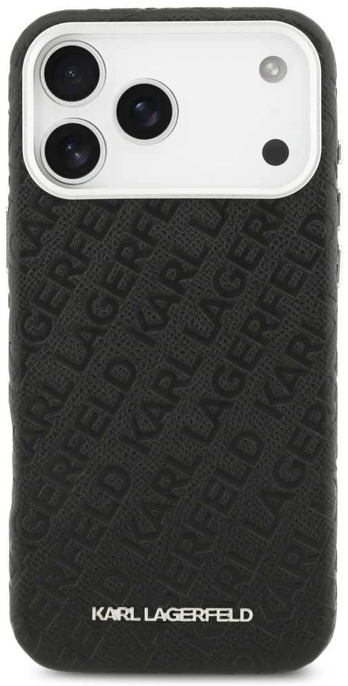 Karl Lagerfeld Grained PU Repeated Logo MagSafe dėklas skirtas Apple iPhone 17 Pro Max juodos spalvos