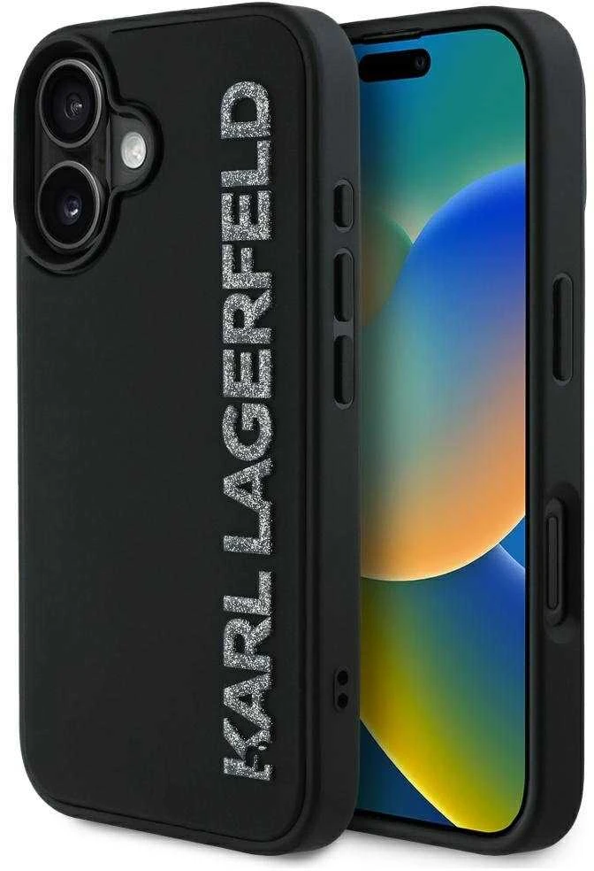 Dėklas Karl Lagerfeld HC 3D Rubber Elongated Glitter Apple iPhone 16 juodos spalvos