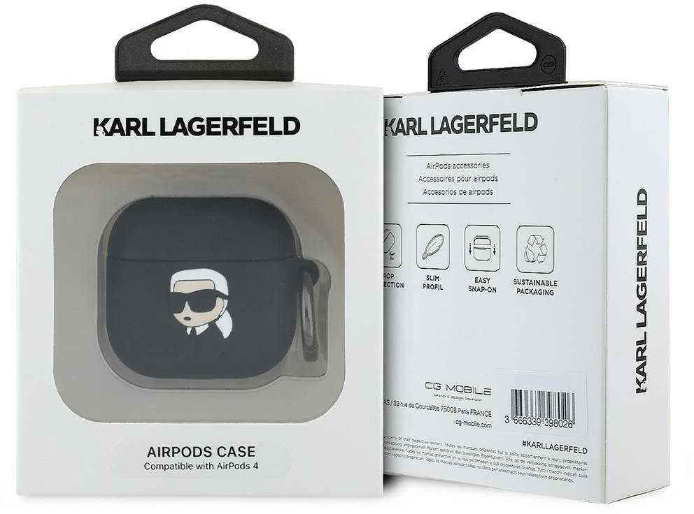 Dėklas Karl Lagerfeld KLA4RUNIKK AirPods 4 cover juodos spalvos silikoninis Karl Head 3D