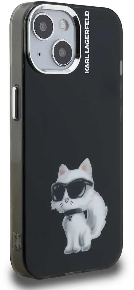 Karl Lagerfeld IML Aquarelle Choupette dėklas Apple iPhone 15 juodos spalvos