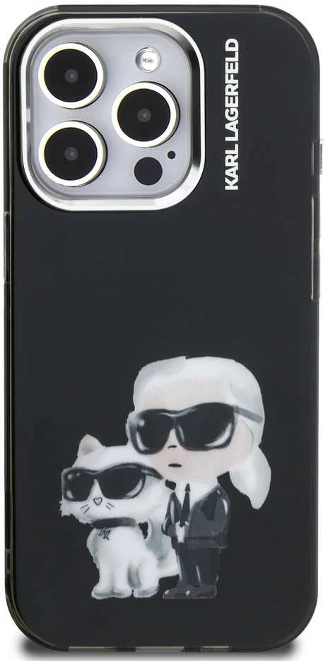 Karl Lagerfeld IML Aquarelle Karl and Choupette dėklas Apple iPhone 15 Pro juodos spalvos