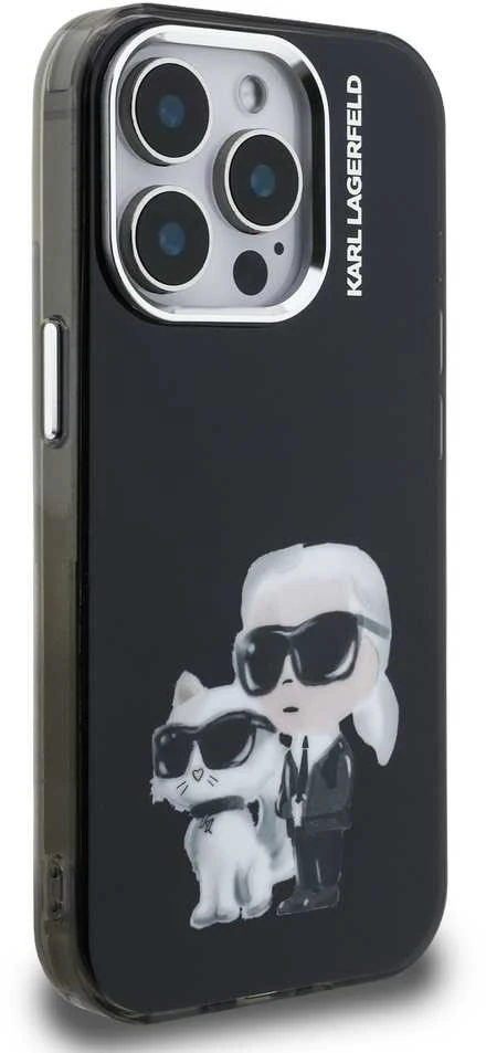 Karl Lagerfeld IML Aquarelle Karl and Choupette dėklas Apple iPhone 15 Pro juodos spalvos