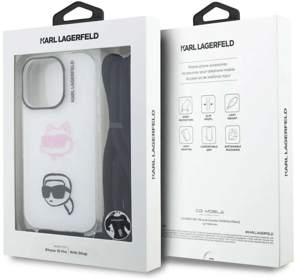 Karl Lagerfeld IML per petį nešiojamas Karl&Choupette dėklas iPhone 16 Pro telefonui - Baltas