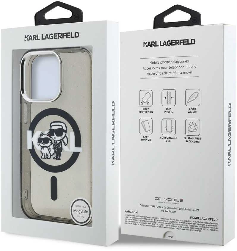 Karl Lagerfeld IML Glitter Karl and Choupette Sketch MagSafe dėklas Apple iPhone 15 Pro Max juodos spalvos