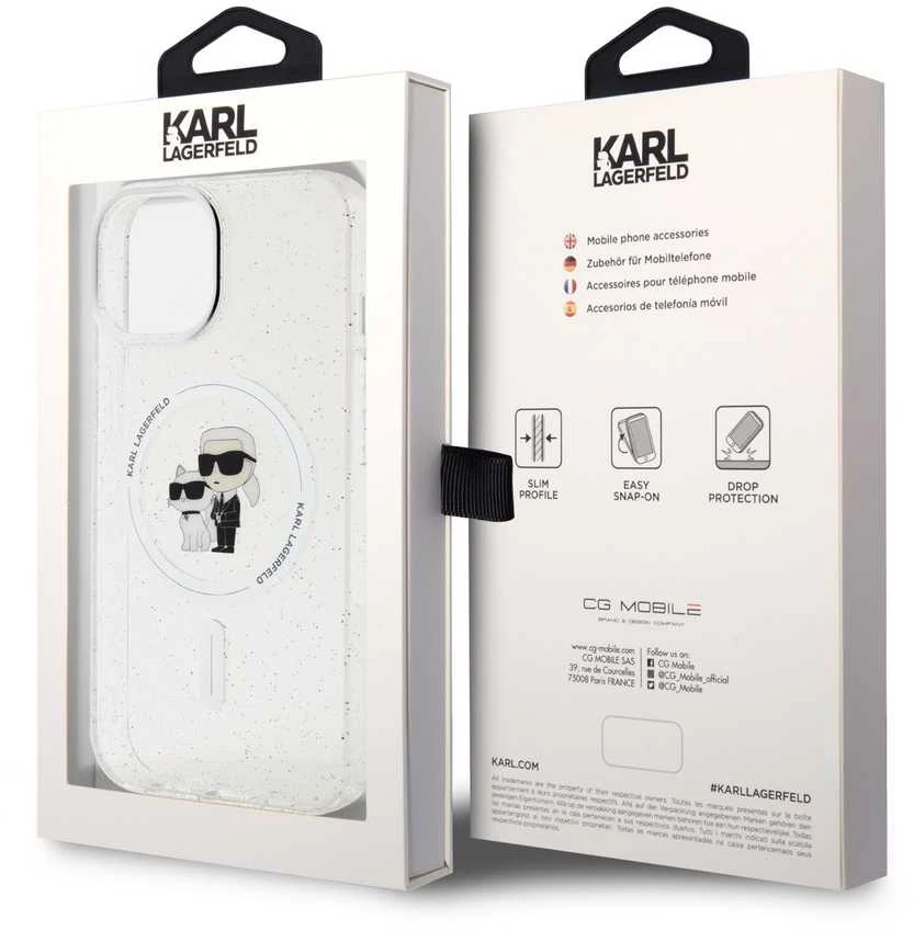 Apple iPhone 15 Karl Lagerfeld dėklas Karl&Choupette Glitter MagSafe (KLHMP15SHGKCNOT) skaidrus