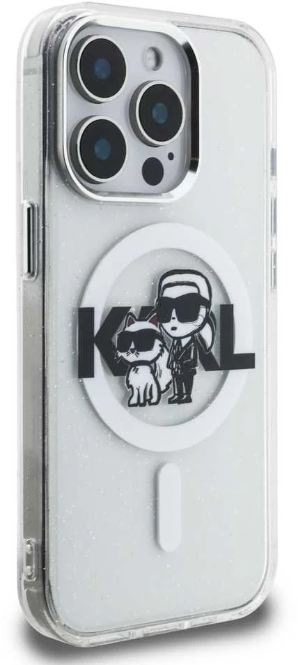 Karl Lagerfeld IML Glitter Karl and Choupette Sketch MagSafe dėklas Apple iPhone 15 Pro skaidrus
