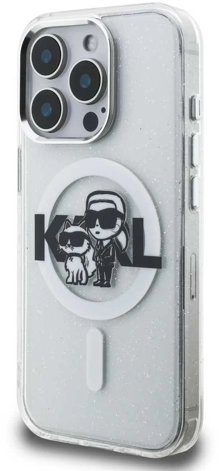 Karl Lagerfeld IML Glitter Karl and Choupette Sketch MagSafe dėklas Apple iPhone 15 Pro skaidrus