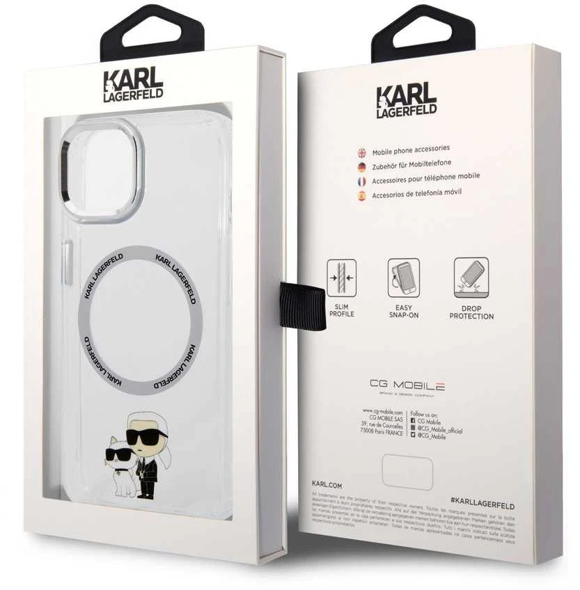 Karl Lagerfeld IML Karl and Choupette MagSafe dėklas telefonui Apple iPhone 15 skaidrus