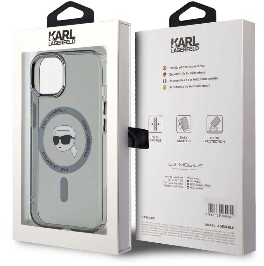 Karl Lagerfeld KLHMP15SHLSKIK Apple iPhone 15 6.1″ juodos spalvos kietas dėklas IML Metal Karl Head MagSafe