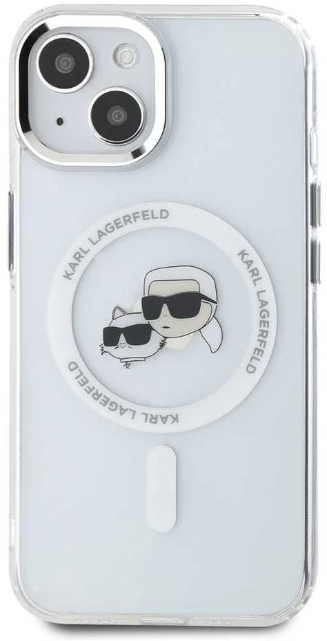 Karl Lagerfeld KLHMP15SHLSKCH Apple iPhone 15 6.1″ baltos spalvos kietas dėklas IML Metal Karl&Choupette Head Mag