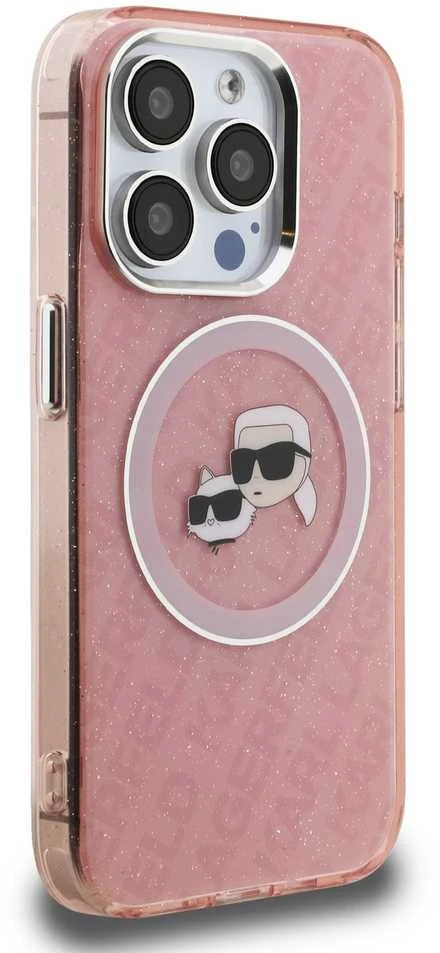 Karl Lagerfeld IML K&CH Heads Repeated Logo MagSafe dėklas Apple iPhone 15 Pro rožinės spalvos