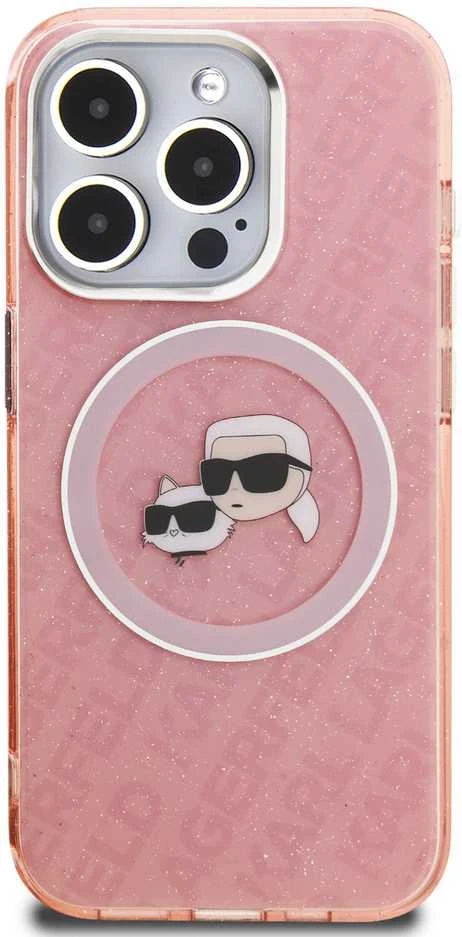Karl Lagerfeld IML K&CH Heads Repeated Logo MagSafe dėklas Apple iPhone 15 Pro rožinės spalvos