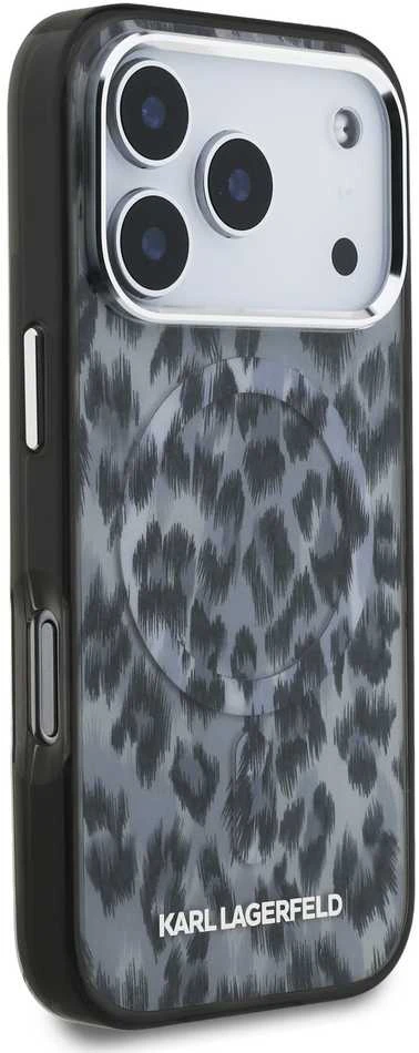 Karl Lagerfeld IML Leopard Pattern MagSafe dėklas skirtas Apple iPhone 17 Pro juodos spalvos