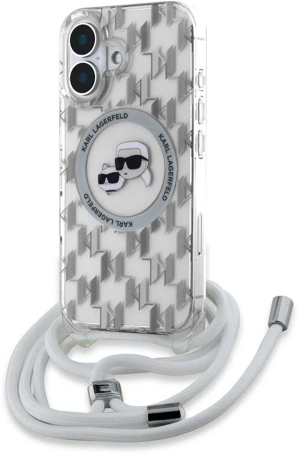 Karl Lagerfeld KLHMP16SHCKCKLCT Apple iPhone 16 6.1" dėklas telefonui skaidrus IML Crossbody Monogram Karl & Choupette Head MagSafe