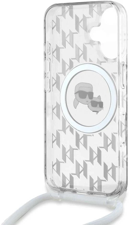 Karl Lagerfeld KLHMP16SHCKCKLCT Apple iPhone 16 6.1" dėklas telefonui skaidrus IML Crossbody Monogram Karl & Choupette Head MagSafe