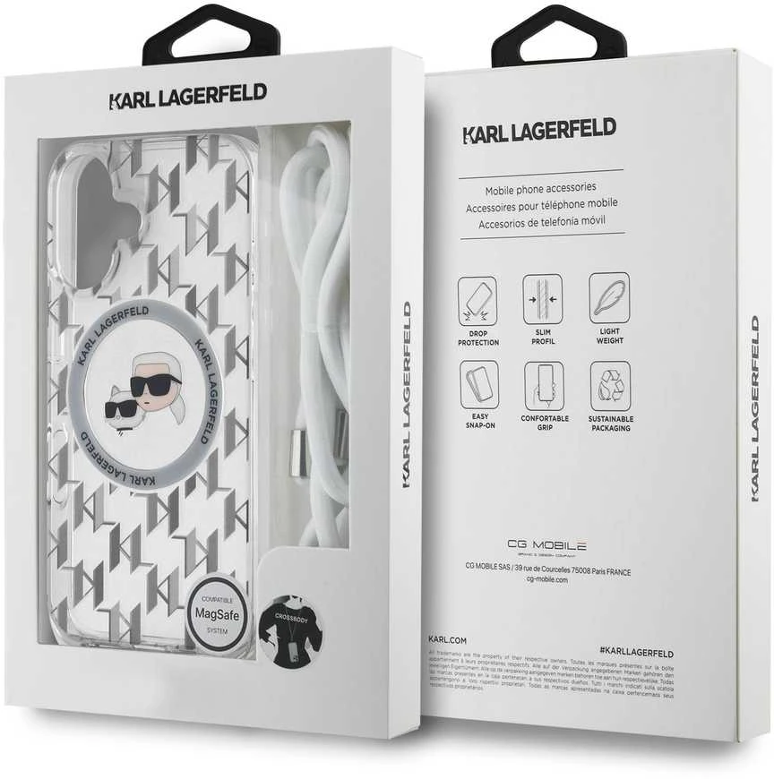 Karl Lagerfeld KLHMP16SHCKCKLCT Apple iPhone 16 6.1" dėklas telefonui skaidrus IML Crossbody Monogram Karl & Choupette Head MagSafe