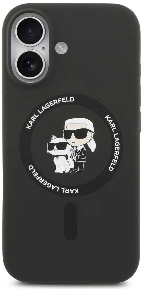 Karl Lagerfeld Liquid Silicone Karl and Choupette MagSafe dėklas skirtas Apple iPhone 17 juodos spalvos